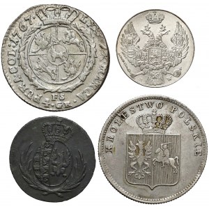 Złotówka 1767, Grosz 1812, 2 złote 1831 i 10 groszy 1840 (4szt)