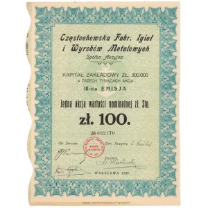 Częstochowska Fabr. Igieł i Wyrobów Metalowych, Em.3, 100 zł 1929