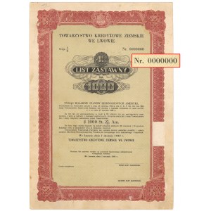 DRUK PRÓBNY - PROJEKT - MAKIETA Lwów, TKZ, List zastawny 1.000 dolarów 1933