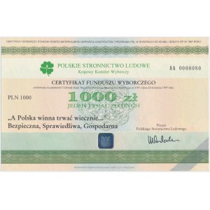 Certyfikat Funduszu Wyborczego PSL 1997 drukowany WPW