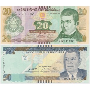 Honduras 20 Lempiras 2014 and 50 Lempiras 2016 printed by PWPW (2pcs)