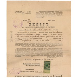 Bilet (pozwolenie) na swobodne poruszanie się po Warszawie 1894 r.