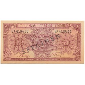 Belgium SPECIMEN 5 Francs-1 Belgas 1943 (1944)