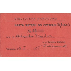 [GIEYSZTOR Aleksander] Zestaw 11 dokumentów - kart wstępu do bibliotek i czytelni z lat 1934-1985.