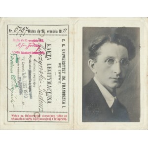 [Botanika] C. K. Uniwersytet im. Franciszka I. we Lwowie - Karta Legitymacyjna dla Tadeusza Wilczyńskiego, botanika, znawcy flory Karpat. Nr. 6779. Ważna do 30 września 1911.