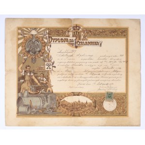 Dyplom na czeladnika w zawodzie ślusarka maszyn. dla Apolinarego Sokołowskiego, Lwów 14 listopada 1927 r. Lit. Piller-Neumann