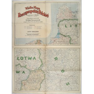 Wielka Mapa Rzeczypospolitej Polskiej w podziałce 1:750000. W dziesięciu kolorach. Nomenklaturę opracował Dr Adam Tomaszewski. Nakład i własność Księgarni Polskiej Bernarda Połonieckiego. [1922] UNIKAT - WYMIARY 1,56 x 1,7m. [!].