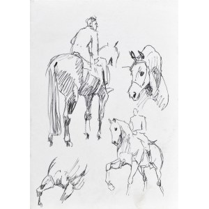 Ludwik MACIĄG (1920-2007), Szkic jeźdźca na koniu w różnych ujęciach oraz łeb koński
