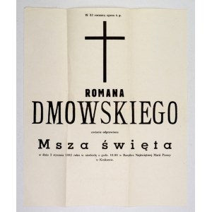 [DMOWSKI Roman]. Ulotka-klepsydra zawiadamiająca o planowanej mszy św. w 43 rocznicę śmierci R....