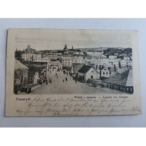 POCZTÓWKA PRZEMYŚL, WIDOK Z ZASANIA, PRZEDWOJENNA 1903 R, ZNACZEK, STEMPEL