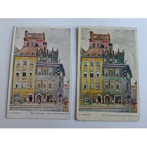 SET OF 2 POSTCARDS WARSAW, PAINTING KOPCZYNSKI, MARKET CORNER CROOKED CIRCLE, PRE-WAR, 1930, STAMP, STAMPING