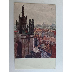 POSTCARD POLISH PAINTING, STANKIEWICZÓWNA, OLD WARSAW, TOPS OF THE CATHEDRAL, PRE-WAR, STAMP CIRCLE OF STUDENTS OF BOCHNIA SEMINARY