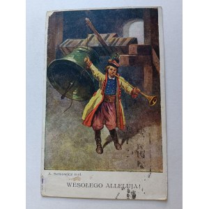 POSTCARD PAINTING POLISH SETKOWICZ, FOLK COSTUMES, ZYGMUNT BELL, BUGLE CALLER, PRE-WAR