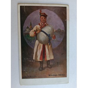 POSTCARD PAINTING POLISH SETKOWICZ, FOLK COSTUMES, EASTER, EGG, PRE-WAR