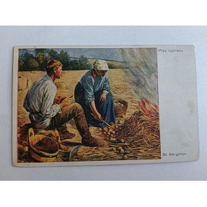 POSTCARD PAINTING POLISH BERGMAN, BY THE FIRE, PRE-WAR