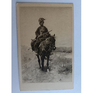POSTCARD PAINTING POLISH BRANDT, CHATS, SOLDIER, HORSES, PRE-WAR