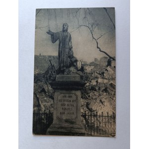 POCZTÓWKA WARSZAWA ZBURZONA, CHRYSTUS NA TLE RUIN KOŚCIOŁA ŚW BARBARY