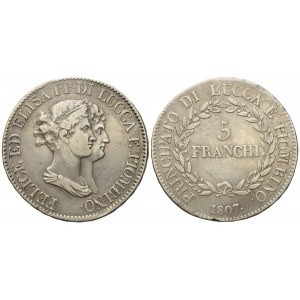 LUCCA. Principato di Lucca e Piombino. Elisa Bonaparte e Felice Baciocchi (1805-1814). 5 Franchi 1807. Ag (g 24,73; mm 37,3).