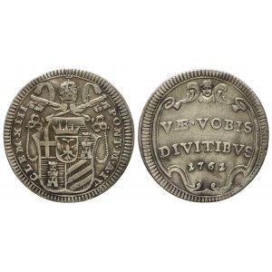 STATO PONTIFICIO. Roma. Clemente XIII (1758 - 1769). Mezzo grosso 1761, anno IV. Ag (g 0,62; mm 16,5).