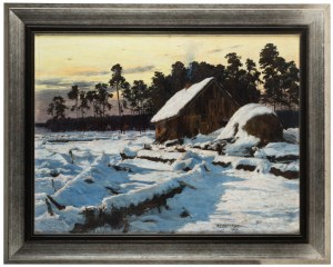 Michał Gorstkin-Wywiórski (1861 Warszawa - 1926 Berlin), Leśniczówka w śniegu, 1906 r.