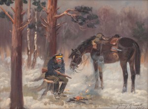 Jerzy Kossak (1886 Kraków - 1955 tamże), Ułan przy ognisku, 1937 r.