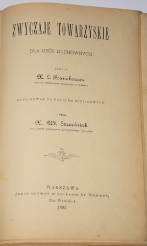 BRANCHEREAU Louis - Social customs for clergy persons. Warsaw 1893.
