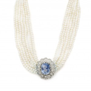 Pearl necklace with sapphire and diamond pendant
