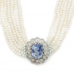 Pearl necklace with sapphire and diamond pendant