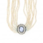 Pearl necklace with sapphire and diamond pendant