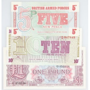 Brytyjskie Siły Zbrojne, zestaw 3 banknotów: 1 funt, 10 i 5 pensów.
