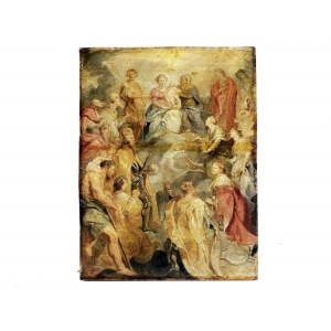 Peter Paul Rubens, Siegen 1577 - 1640 Antwerpia, przypisywany warsztatowi, Madonna z Dzieciątkiem na kolanach św. Anny, czczony przez świętych z rodu Habsburgów