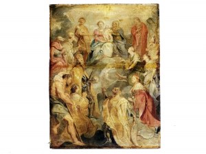 Peter Paul Rubens, Siegen 1577 - 1640 Antwerp, And attributed to workshop, The Madonna and child in the lap of St. Anne, venerated by saints of the House of Habsburg
