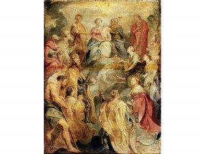 Peter Paul Rubens, Siegen 1577 - 1640 Antwerp, And attributed to workshop, The Madonna and child in the lap of St. Anne, venerated by saints of the House of Habsburg