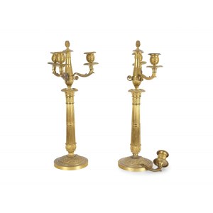 Three-flame candlestick, pair, 19th century, France, fire-gilt