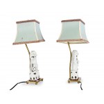 Table lamps with Chinese Foh dogs, pair, yellow metal with porcelain