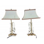Table lamps with Chinese Foh dogs, pair, yellow metal with porcelain