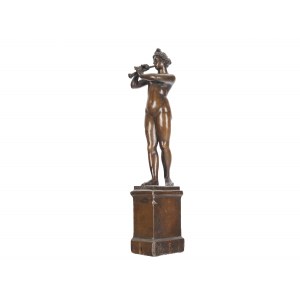Female nude, playing the flute, cast and patinated copper