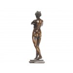 Female nude, playing the flute, cast and patinated copper