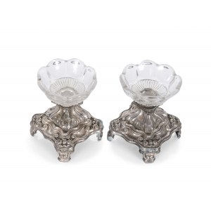 Pair of condiment holders, silver marked with glass insert