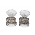 Pair of condiment holders, silver marked with glass insert