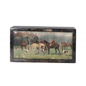 Cigar box with scene of a fox hunt, silver-plated metal