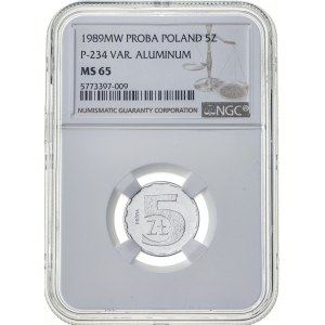 5 zł 1989, PRL, ALUMINIUM, PRÓBA TECHNOLOGICZNA, MAX NGC, nakład nieznany