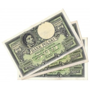 500 zł 1919, krótki numerator, zestaw 3 banknotów