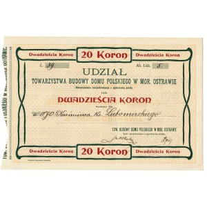20 koron, udział Tow. Bud. Domu Polskiego w Morawskiej Ostrawie
