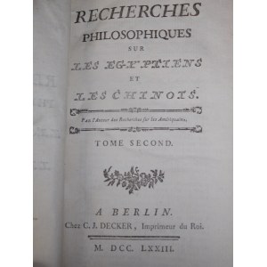 1773. [DE PAUW CORNEILLE], Recherches philosophiques sur les Egyptiens et les Chinois (…).