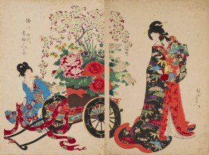 Toyohara Chikanobu (1838-1912), Hanaguruma (Kwiecisty powóz), z tryptyku 