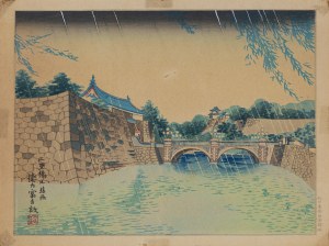 Tomikichirō Tokuriki (1902-2000), wyd. Uchida, Cztery pory roku w Tokio - Lato: Most Nijubashi w deszczu, 1942