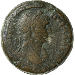drachma (AE35) wybita w Aleksandrii, rok 19 = 115/116, Trajan (98-117), Cesarstwo Rzymskie – Egipt, RR, TRON Z OPARCIEM