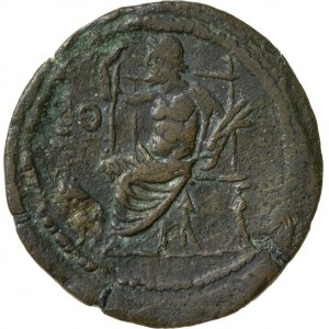 drachma (AE35) wybita w Aleksandrii, rok 19 = 115/116, Trajan (98-117), Cesarstwo Rzymskie – Egipt, RR, TRON Z OPARCIEM