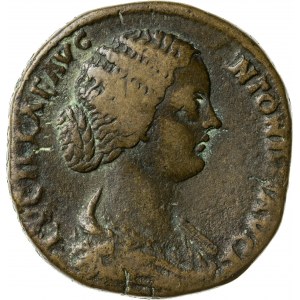 brązowy (orichalcum) sesterc wybity w Rzymie za Marka Aureliusza i Lucjusza Werusa, 164-167 r., Lucylla, żona Lucjusza Werusa (161-169), Cesarstwo Rzymskie
